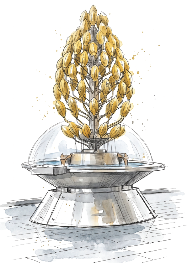 A stylized watercolour  illustration of a chocolate fountain with a central tree-like structure made of many gold leaf-like elements, set on a tiled floor against a white background at Schokoladenmuseum in Koln, Germany. 