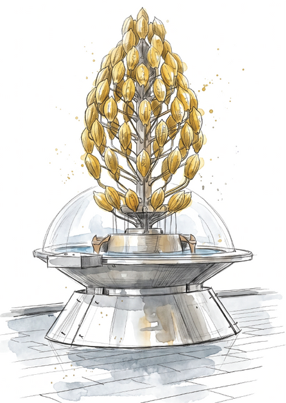 A stylized watercolour  illustration of a chocolate fountain with a central tree-like structure made of many gold leaf-like elements, set on a tiled floor against a white background at Schokoladenmuseum in Koln, Germany. 