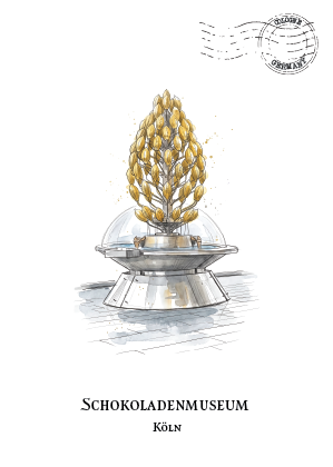 A travel postcard illustration featuring a golden chocolate tree inside a clear dome on a silver pedestal, with the text 'SCHOKOLADENMUSEUM Köln' and a circular stamp graphic on a white background.