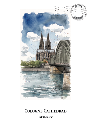 A watercolour-style travel print featuring Cologne Cathedral and the Rhine Bridge in Germany, with a postage stamp graphic at the top and the text 'COLOGNE CATHEDRAL' and 'GERMANY' below.