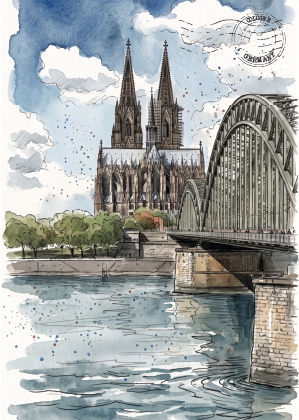 Watercolour-style illustration of Cologne Cathedral and the Rhine River bridge, with blue sky, white clouds, green trees, and gray water. A circular postmark appears in the upper right.