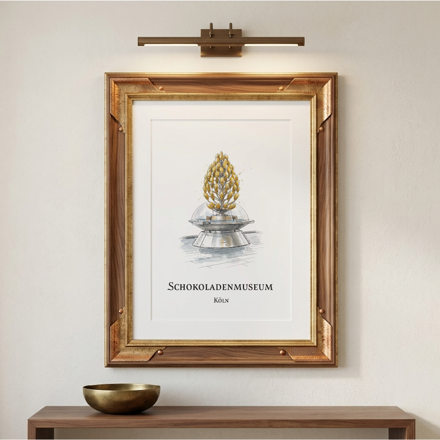 A framed art print featuring a gold-coloured chocolate museum chocolate fountain on a white background, styled on a beige wall above a wooden console table with a gold bowl. A brass wall sconce is mounted above the frame.