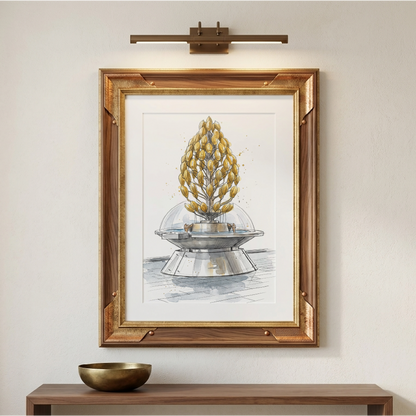 Framed wall art poster of the chocolate fountain in the Chocolat eMuseum, Cologne, hanging on a beige wall above a wooden console table, featuring a stylized golden tree-like form inside a clear dome on a silver base. The artwork is enclosed in a warm gold-toned frame, with a matching wall sconce above.