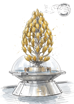 A stylized illustration of a chocolate fountain with a covered tree with many gold leaf-like pods, shown on a pedestal against a white background with a postmark graphic in the upper right.