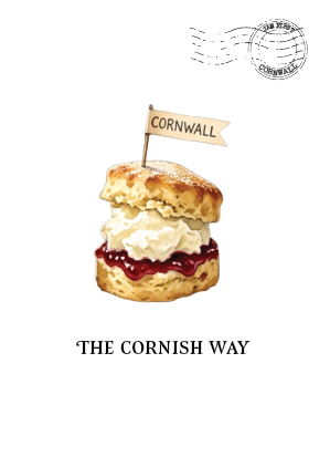 A whimsical illustration of a scone with cream and jam, topped with a small Cornwall flag, on a white background with a postage stamp graphic and the text 'THE CORNISH WAY'.