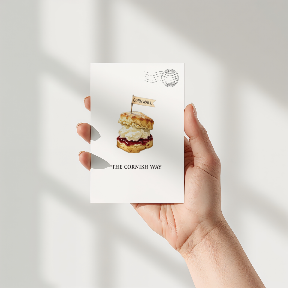 A hand holds a white postcard featuring an illustration of a Cornish scone with a small flag reading 'CORNWALL' and the text 'THE CORNISH WAY' below. The background is a bright, softly lit white wall with natural shadow patterns.