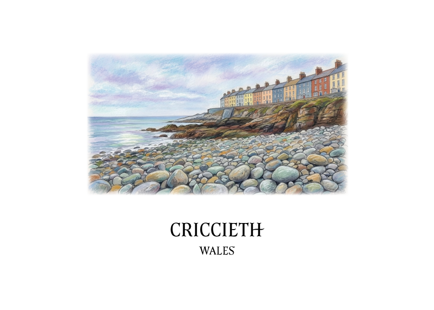 Watercolour and ink illustration of Marine Terrace, Criccieth, Wales, the long Victorian terrace of houses facing Cardigan Bay