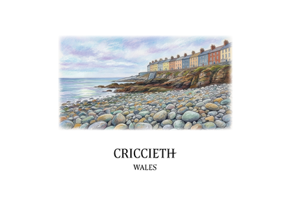 Watercolour and ink illustration of Marine Terrace, Criccieth, Wales, the long Victorian terrace of houses facing Cardigan Bay