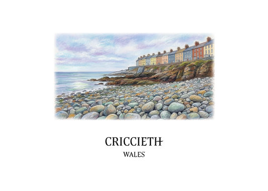 Watercolour and ink illustration of Marine Terrace, Criccieth, Wales, the long Victorian terrace of houses facing Cardigan Bay