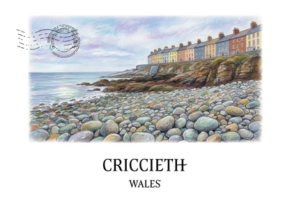 Postcard of Criccieth, Wales with a coastal scene and colourful houses of Marine Terrace overlooking a pebble beach