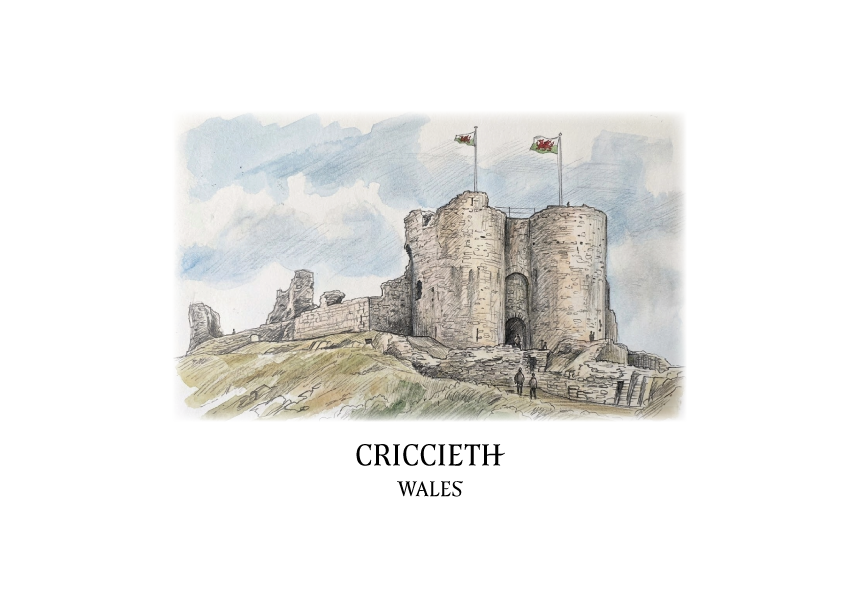 Criccieth castle, Wales watercolour of the castle ruin with 2 welsh flags flying from a turret