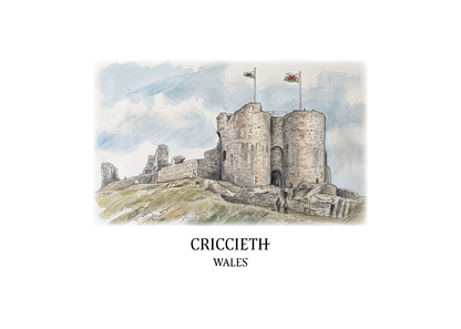 Criccieth castle, Wales watercolour of the castle ruin with 2 welsh flags flying from a turret
