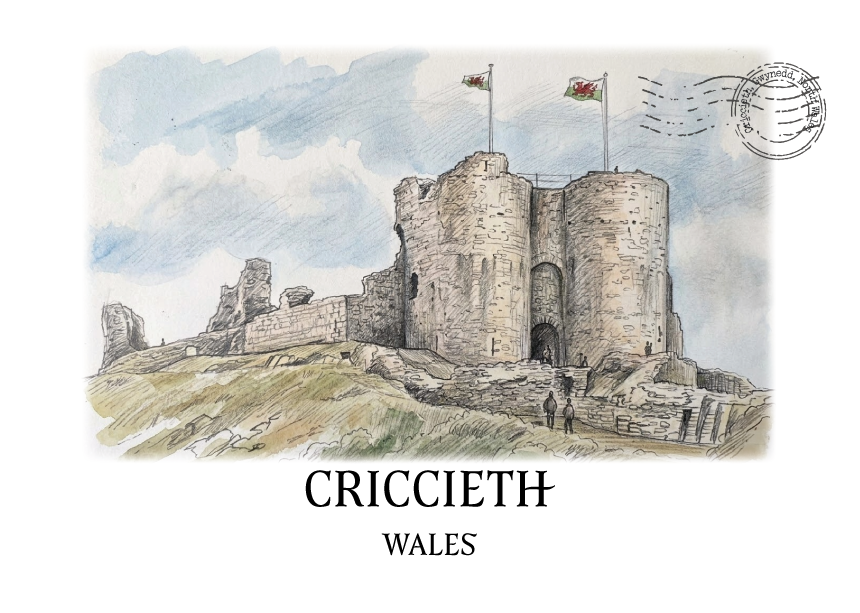Illustration of Criccieth Castle in Wales with flags on a postcard-style background.