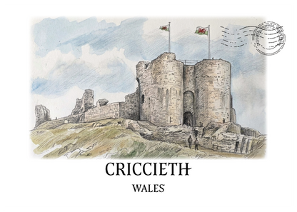 Illustration of Criccieth Castle in Wales with flags on a postcard-style background.