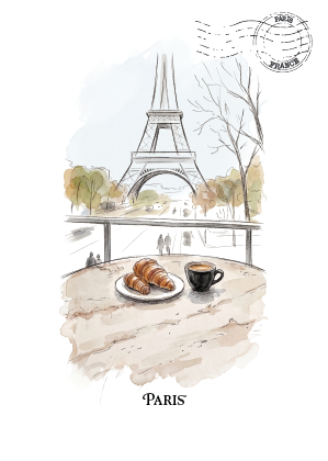 A watercolour-style Paris illustration featuring the Eiffel Tower in the background, a table with croissants and a cup of coffee in the foreground, and the word PARIS at the bottom.
