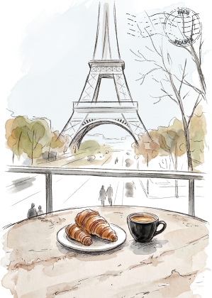 Watercolour-style illustration postcard of the Eiffel Tower in Paris, with a table in the foreground holding croissants and a cup of coffee, plus a postmark motif in the upper right.