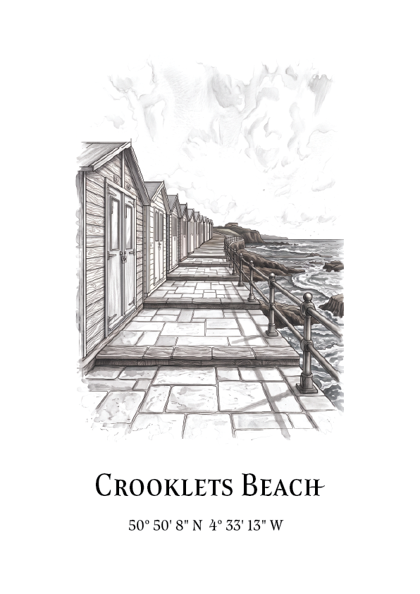 A black and white sketch print of Crooklets Beach featuring a stone walkway, wooden beach huts, rocks, and ocean waves, with the text 'CROOKLETS BEACH' and coordinates printed below on a white background.
