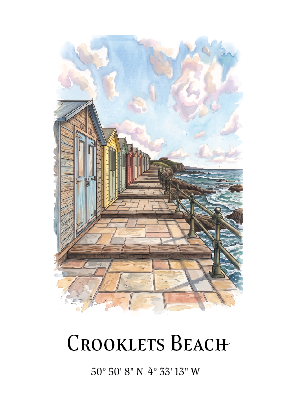 A watercolour-style beach scene print titled 'Crooklets Beach' with a stone walkway, colourful beach huts, ocean, and cloudy sky, plus geographic coordinates below on a white background.