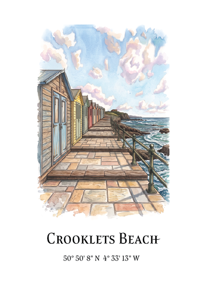 A watercolour-style beach scene print titled 'Crooklets Beach' with a stone walkway, colourful beach huts, ocean, and cloudy sky, plus geographic coordinates below on a white background.