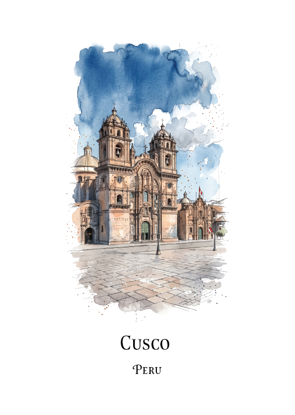 A watercolour-style travel art print of Cusco Peru, featuring an illustration of the town square with the text 'Cusco' and 'PERU' below on a white background.