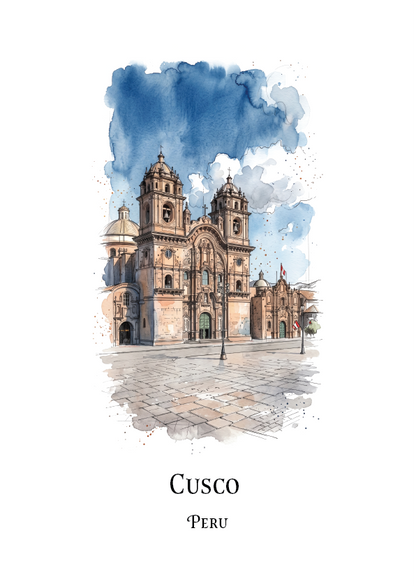 A watercolour-style travel art print of Cusco Peru, featuring an illustration of the town square with the text 'Cusco' and 'PERU' below on a white background.