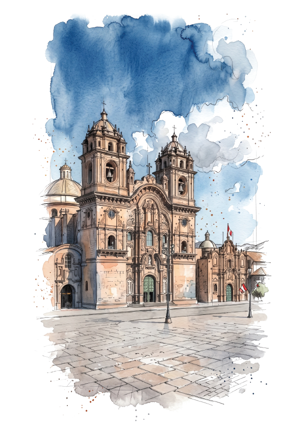 Watercolour-style illustration of Cusco, under a blue sky with soft clouds.