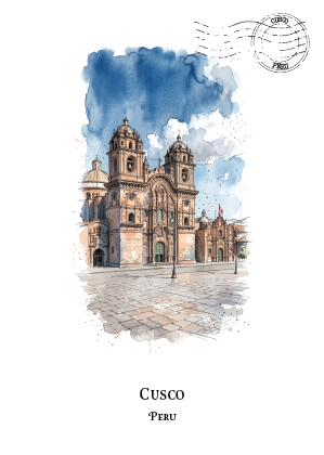 Watercolor-style travel art print of a cathedral in Cusco, Peru, with a blue sky, stone plaza, and postmark motif on a white background. The text 'Cusco PERU' appears below the artwork.
