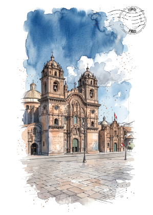 Watercolor-style illustration of a historic cathedral and plaza in Cusco, Peru, with blue sky washes, a postage stamp motif in the upper right, and a white background.