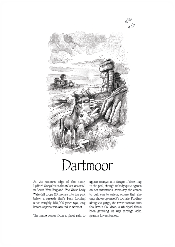 A vintage-style black and white illustrated poster or print titled 'Dartmoor' on a white background, featuring a  landscape with a Dartmoor pony  in the foreground and rocky moorland in the distance.