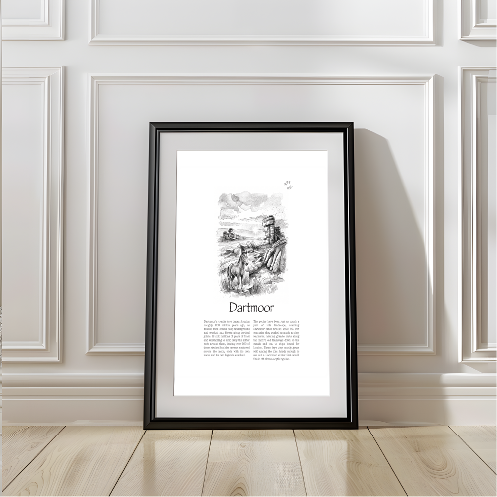 A framed black-and-white art print titled "Dartmoor" leaning against a white paneled wall on a light wood floor. The print features a sketch-style illustration and text, enclosed in a black frame with a grey mount