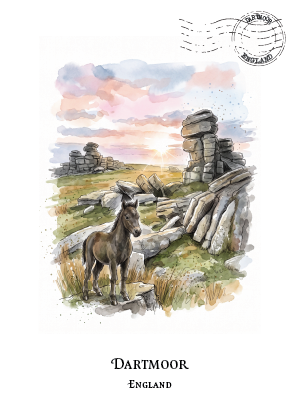 A watercolour-style art print or postcard featuring a Dartmoor landscape with a brown Dartmoor Pony standing in front of stone ruins under a pink, blue, and peach sky. The word 'DARTMOOR' and 'ENGLAND' are printed below the artwork, with a circular postmark graphic at the top right.