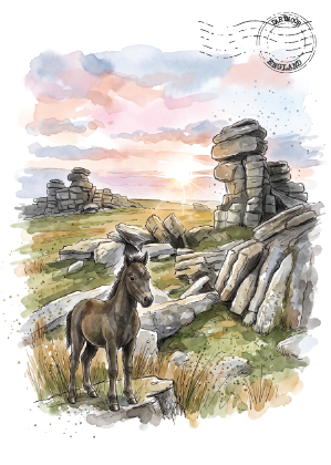 Watercolour-style illustration of a Dartmoor Pony standing among stone ruins and grassy terrain under a pastel sunset sky, with a postage stamp graphic in the upper right.