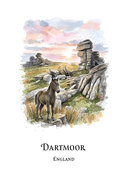 Watercolour-style art travel print featuring a Dartmoor Pony standing among stone ruins in a grassy landscape at sunset, with the text 'DARTMOOR' and 'ENGLAND' below the illustration on a white background.
