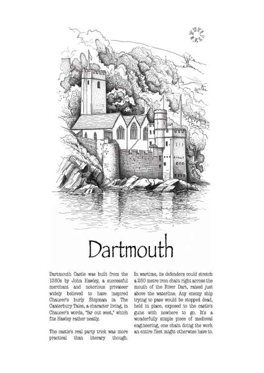 A black and white line art illustration of Dartmouth Castle on a hill, with the title 'Dartmouth' and several paragraphs of descriptive history text below, all on a plain white background. Latitude and longitude co-ordinates top right corner in a circle.