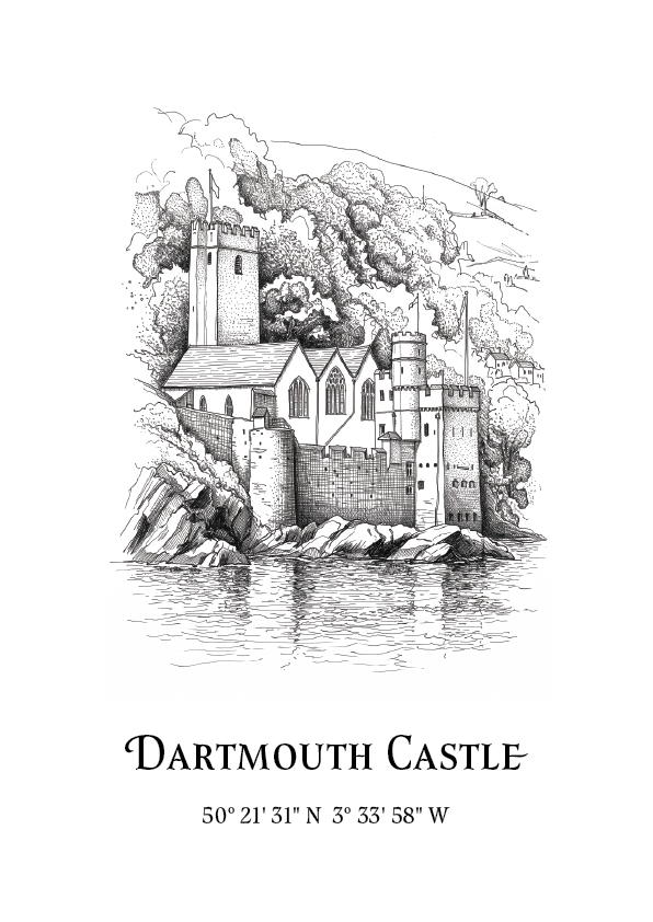 A black and white line art print of Dartmouth Castle, featuring a detailed architectural sketch of the castle, church, rocks, and water, with the text 'Dartmouth Castle' and coordinates printed below on a white background.