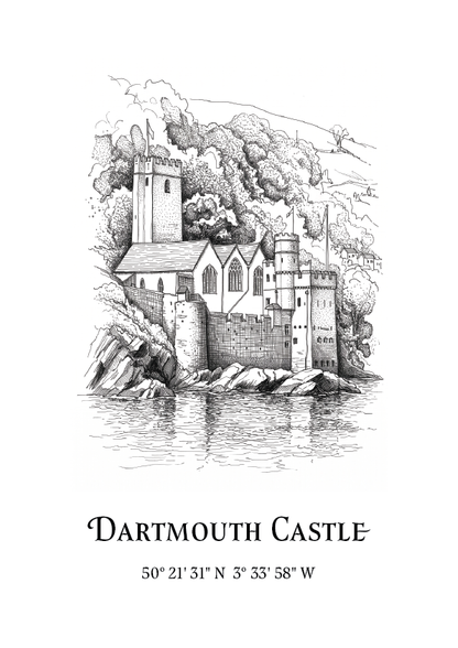 A black and white line art print of Dartmouth Castle, featuring a detailed architectural sketch of the castle, church, rocks, and water, with the text 'Dartmouth Castle' and coordinates printed below on a white background.