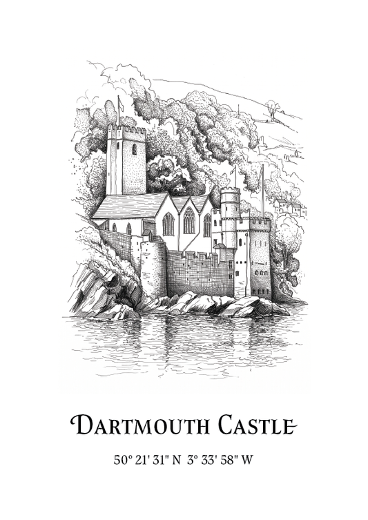 A black and white line art print of Dartmouth Castle, featuring a detailed architectural sketch of the castle, church, rocks, and water, with the text 'Dartmouth Castle' and coordinates printed below on a white background.