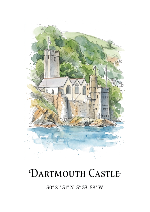 A watercolour-style art print of Dartmouth Castle on a white background, with the title 'Dartmouth Castle' and coordinates printed below.