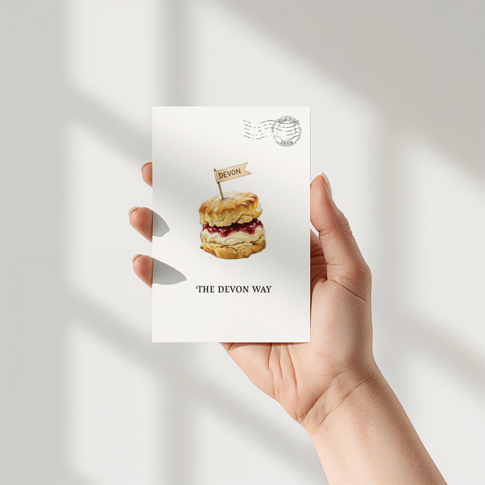 A hand holds a white art postcard featuring an illustration of a scone and jam and cream with a small 'DEVON' flag, against a softly lit neutral background with shadow patterns.