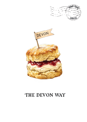 A small illustrated scone with cream and jam sits on a white background, topped with a flag reading "DEVON." The text "THE DEVON WAY" appears below, and a postage-style stamp graphic appears in the upper right.