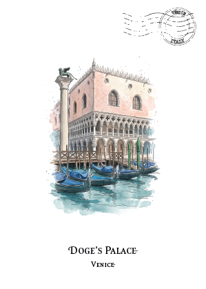 Watercolour-style travel art print of Doge's Palace in Venice, showing the pinkish-beige palace building, a column, gondolas in blue-green water, and the text 'DOGE'S PALACE VENICE' on a white background with a circular postmark graphic in the upper right.