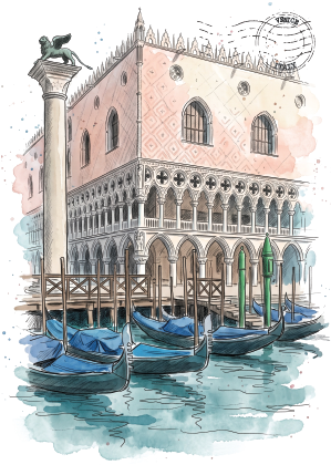 Watercolour and ink illustration of a Dioge's Palace with gondolas in the foreground, a column with a lion statue, and a postage-style stamp mark in the upper right.