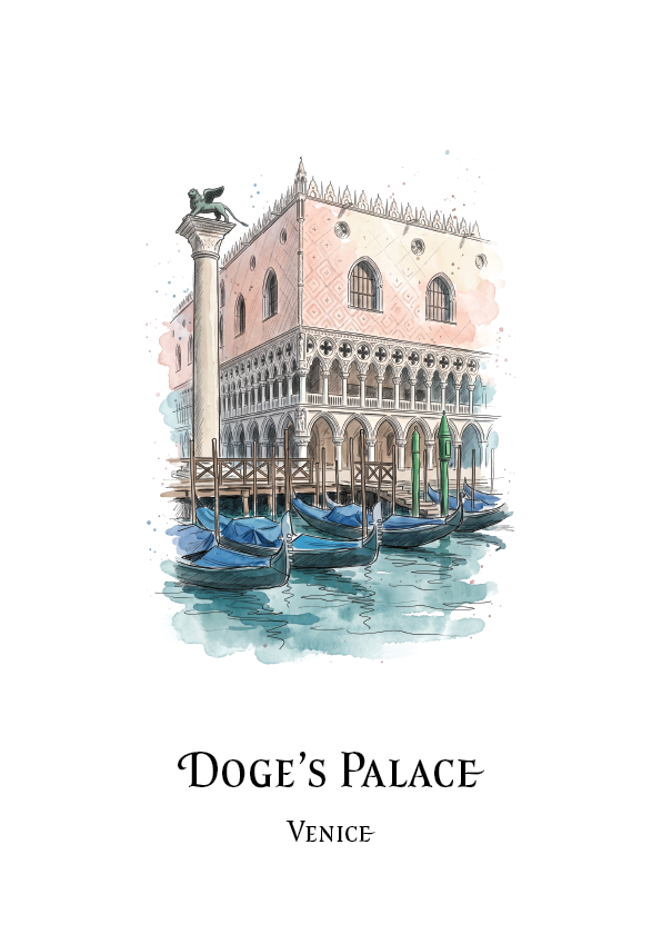 Watercolour-style travel art print of the Doge's Palace in Venice, featuring the historic building, a column with a lion statue, and several blue gondolas on the water, with the text 'DOGE'S PALACE VENICE' below on a white background.