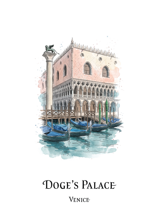 Watercolour-style travel art print of the Doge's Palace in Venice, featuring the historic building, a column with a lion statue, and several blue gondolas on the water, with the text 'DOGE'S PALACE VENICE' below on a white background.