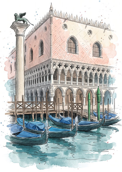 Watercolor-style illustration of Doge's Palace with arched windows and colonnade, alongside several blue gondolas in the canal and a tall column with a winged statue.