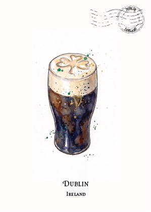 A watercolor-style illustration of a pint of Guinness with a shamrock decoration on the foam, on a white background with a stamp graphic and the text 'DUBLIN IRELAND' below.