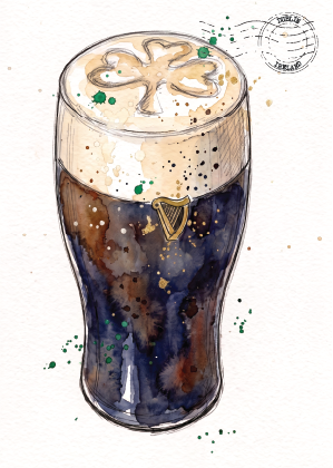 Watercolour illustration of a pint of Guinness in a glass with a shamrock on the foam and a harp emblem, on a white background with a small postage stamp detail.