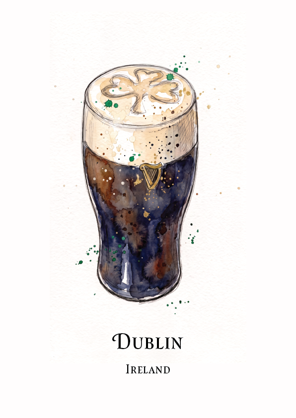 Watercolour-style illustration travel poster of a pint of Guinness with a foamy head topped by a shamrock, with the text 'DUBLIN' and 'IRELAND' below on a white background.