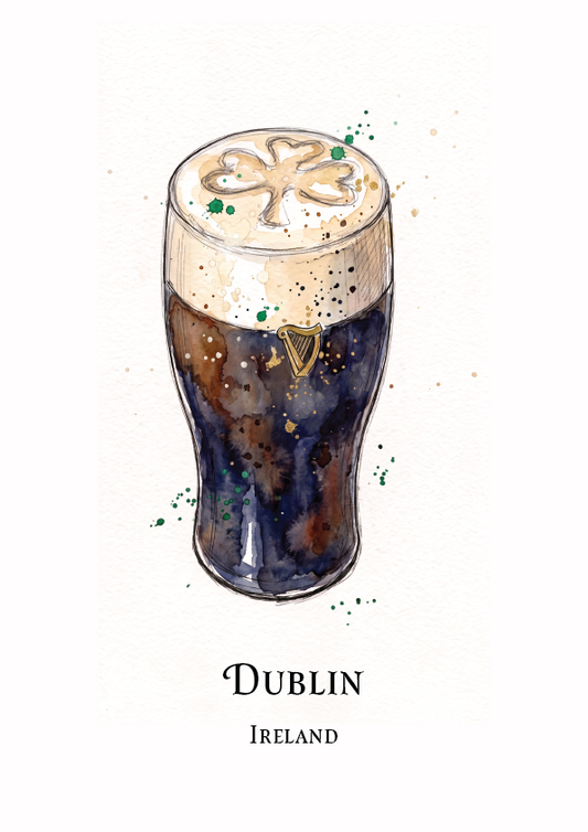 Watercolour-style illustration travel poster of a pint of Guinness with a foamy head topped by a shamrock, with the text 'DUBLIN' and 'IRELAND' below on a white background.