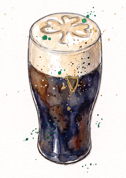 Watercolour illustration of a pint of Guinness in a glass with a foamy head, decorated with a shamrock and green and gold speckles, on a white background.